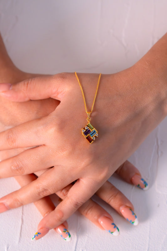 Handmade Blue Topaz, Amethyst, Peridot & Garnet Camellia Necklace - CLJ730