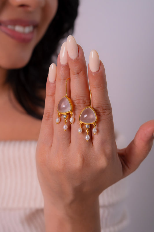 Handmade Rose Quartz, Cultured Pearl Emberlyn Earrings - CLJ743