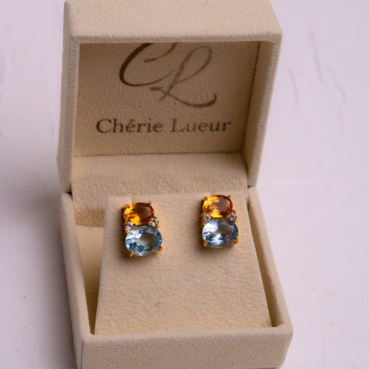 Blue Topaz, Citrine & White Topaz Laurel Earrings - CLJ675