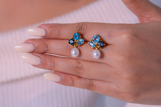 Handmade London Blue Topaz, Blue Topaz & Cultured Pearl Kalyna Earrings - CLJ741