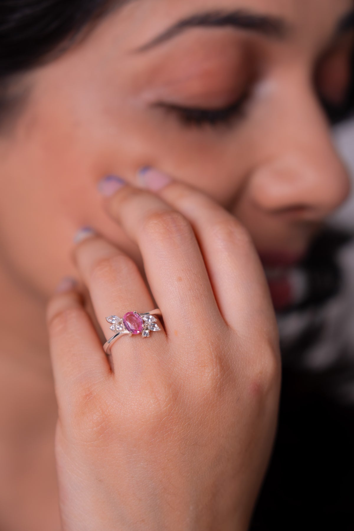 Pink Sapphire with Padparadscha Color Shift & White Sapphire Miora Ring - CLJ967