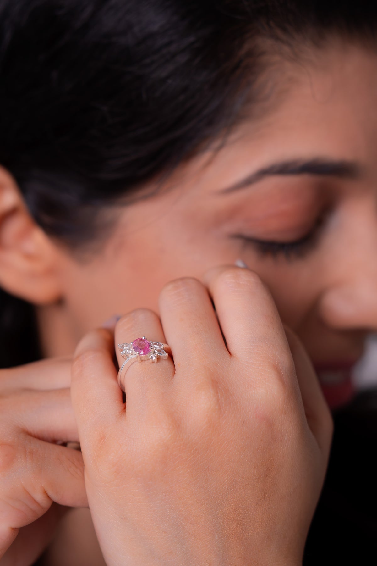 Pink Sapphire with Padparadscha Color Shift & White Sapphire Miora Ring - CLJ967