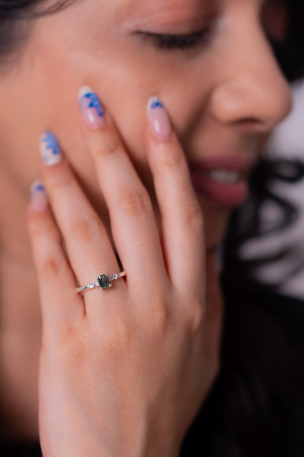 Unheated Green Sapphire, White Sapphire Fiorina Ring - CLJ977