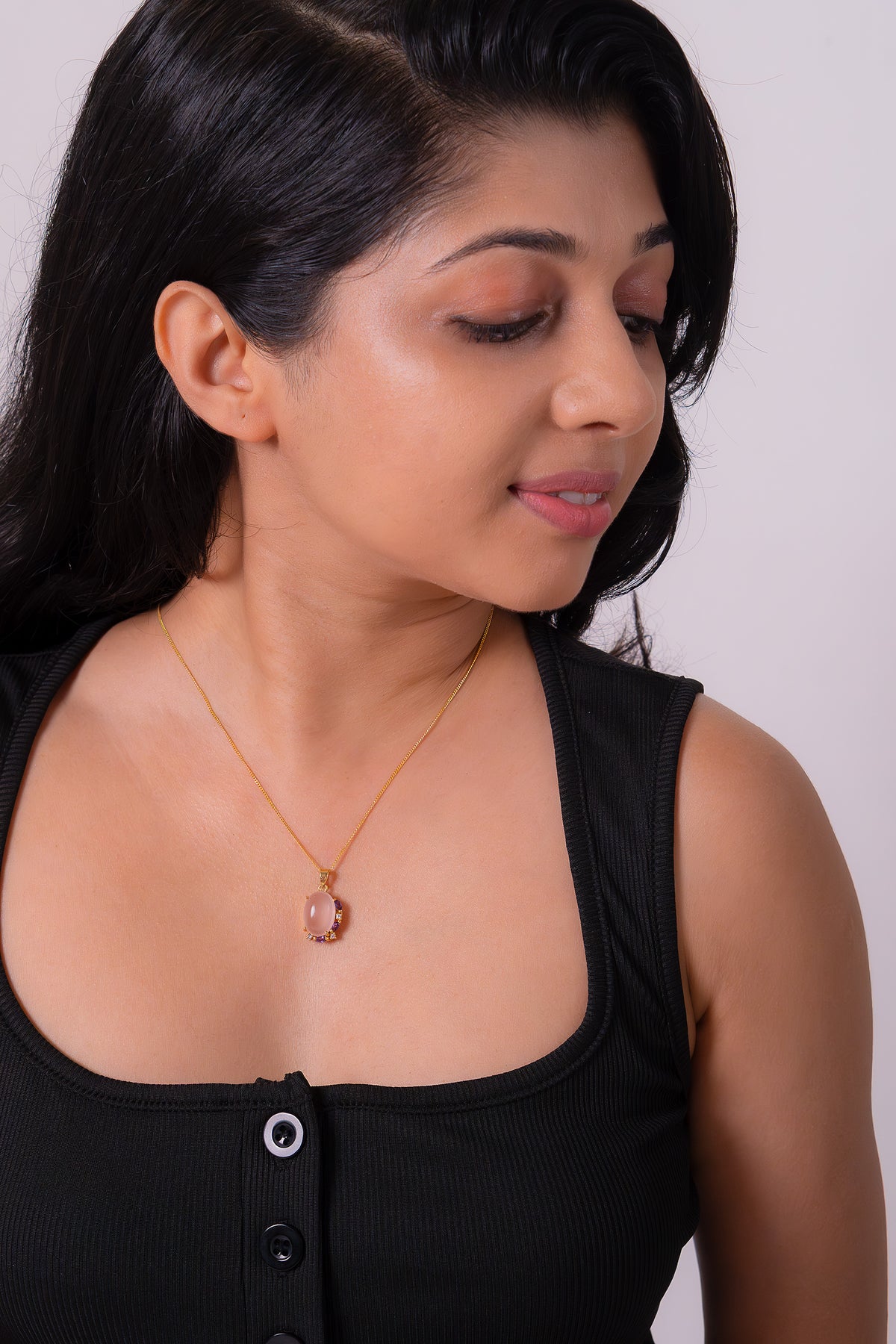 Handmade Sterling Silver Rose Quartz, White Sapphire & Amethyst Fiorella Necklace - CLJ811