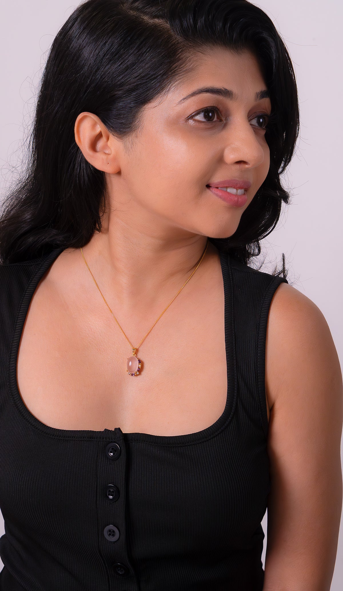 Handmade Sterling Silver Rose Quartz, White Sapphire & Amethyst Fiorella Necklace - CLJ811