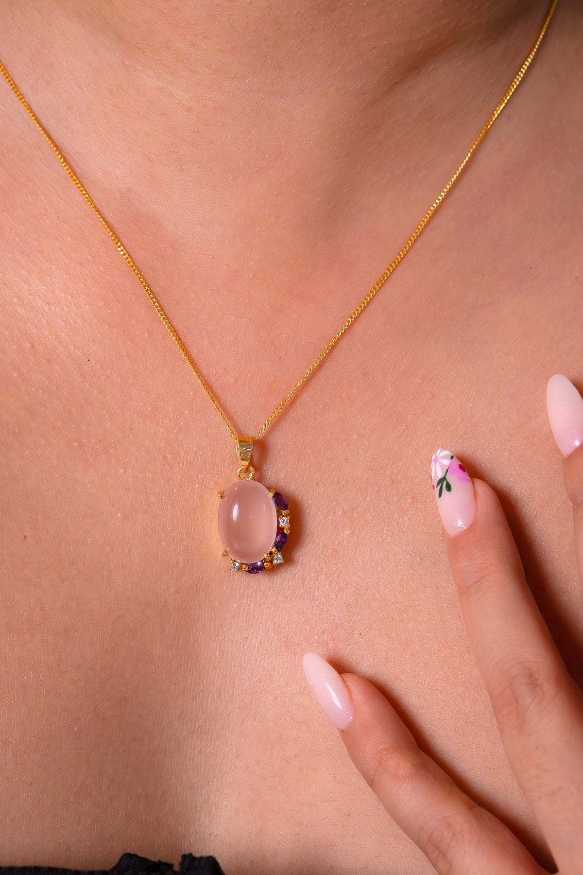 Handmade Sterling Silver Rose Quartz, White Sapphire & Amethyst Fiorella Necklace - CLJ811