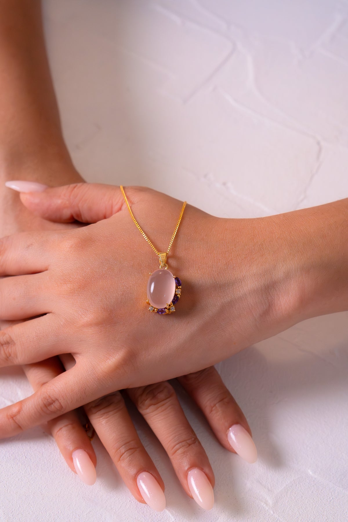 Handmade Sterling Silver Rose Quartz, White Sapphire & Amethyst Fiorella Necklace - CLJ811