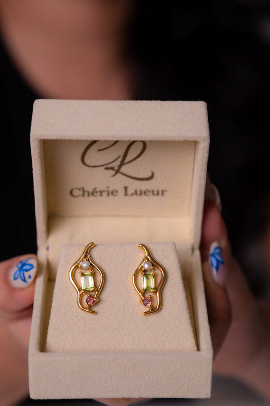 Peridot, Pink Tourmaline, Cultured Pearl Theora Earrings - CLJ969