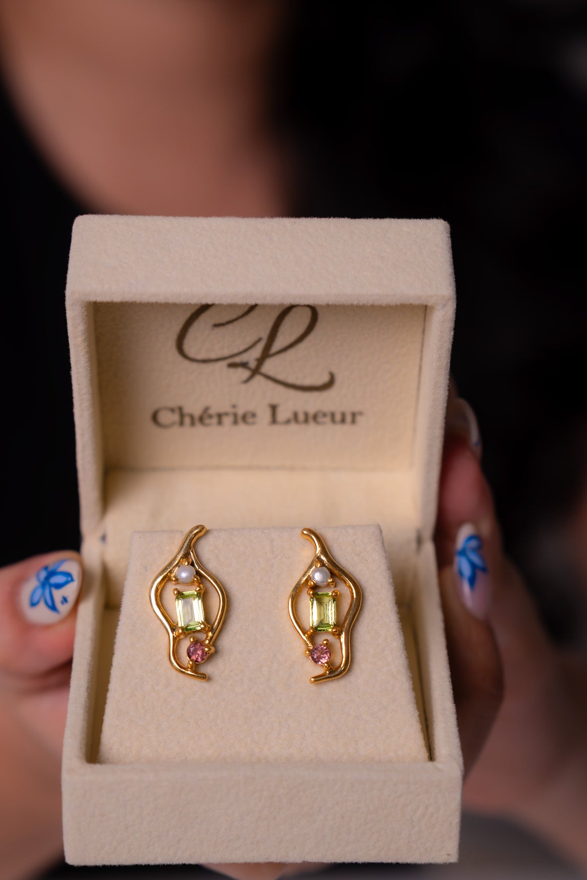 Peridot, Pink Tourmaline, Cultured Pearl Theora Earrings - CLJ969