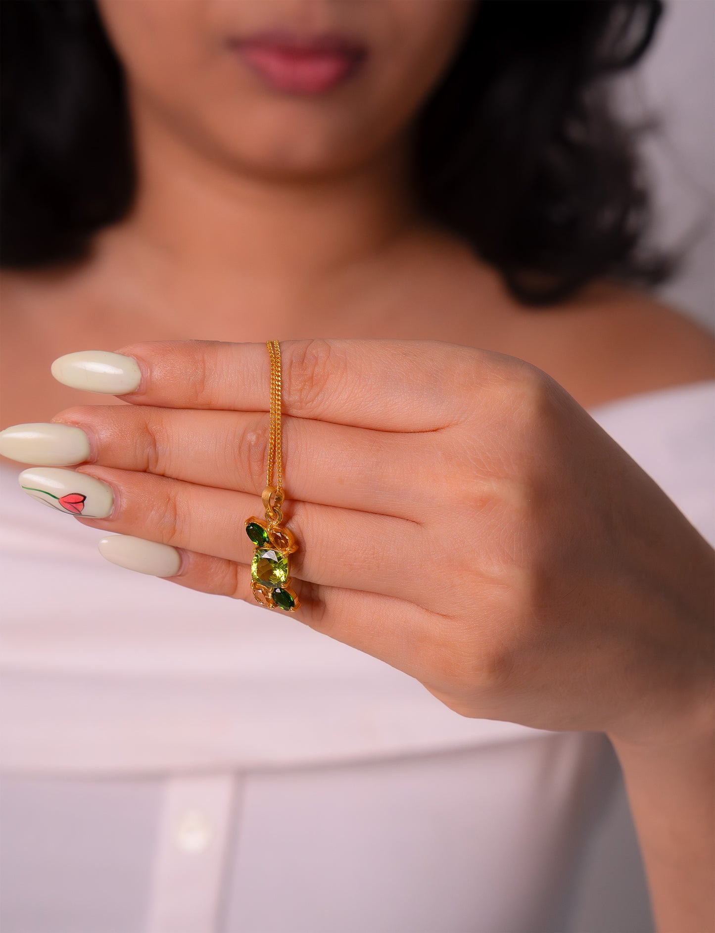 Handcrafted Sterling Silver Peridot, Chromium Diopside & Citrine Lyra Necklace - CLJ843