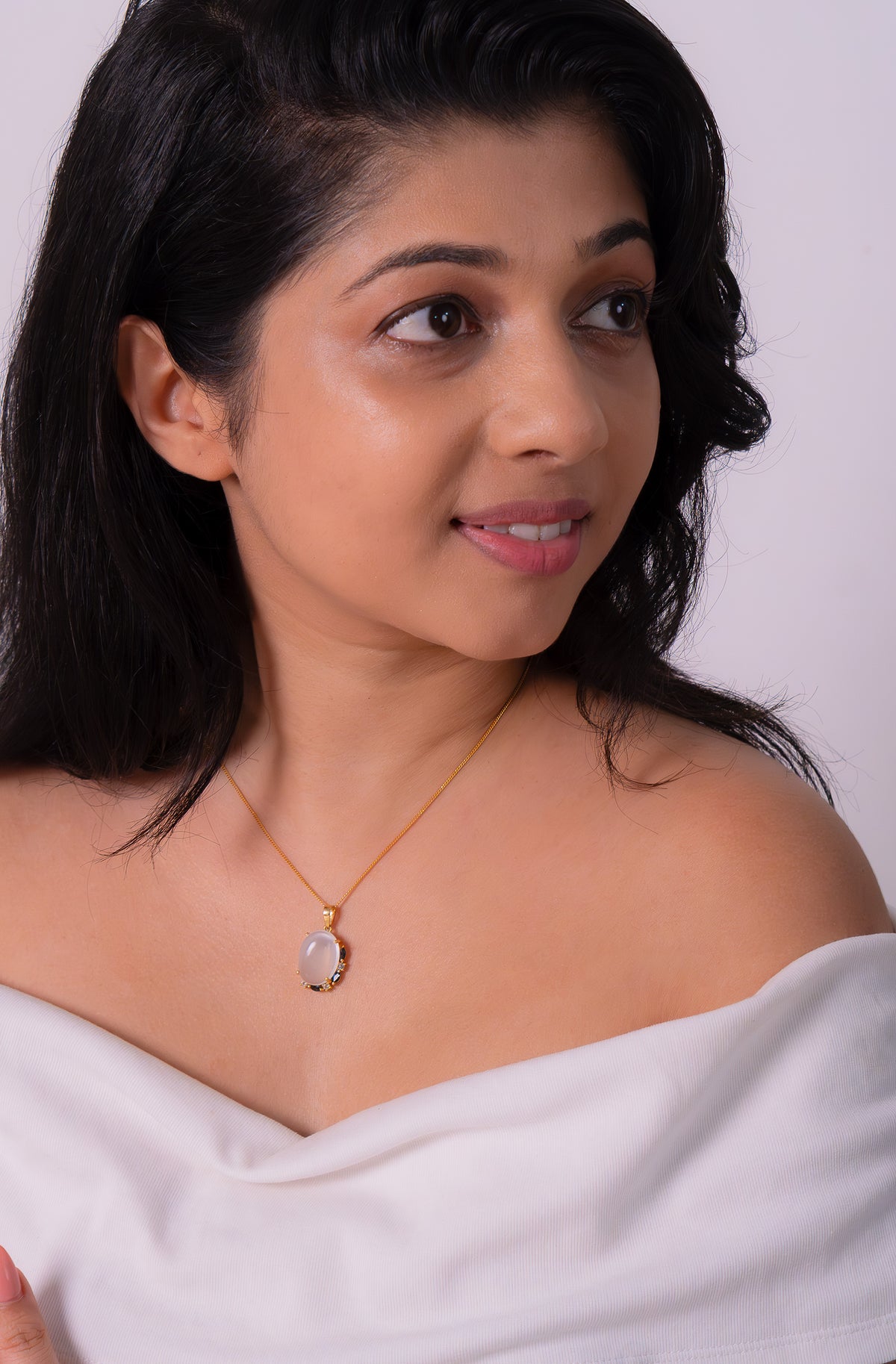 Handmade Sterling Silver Moonstone, White Sapphire & London Blue Topaz Fiorella Necklace - CLJ873