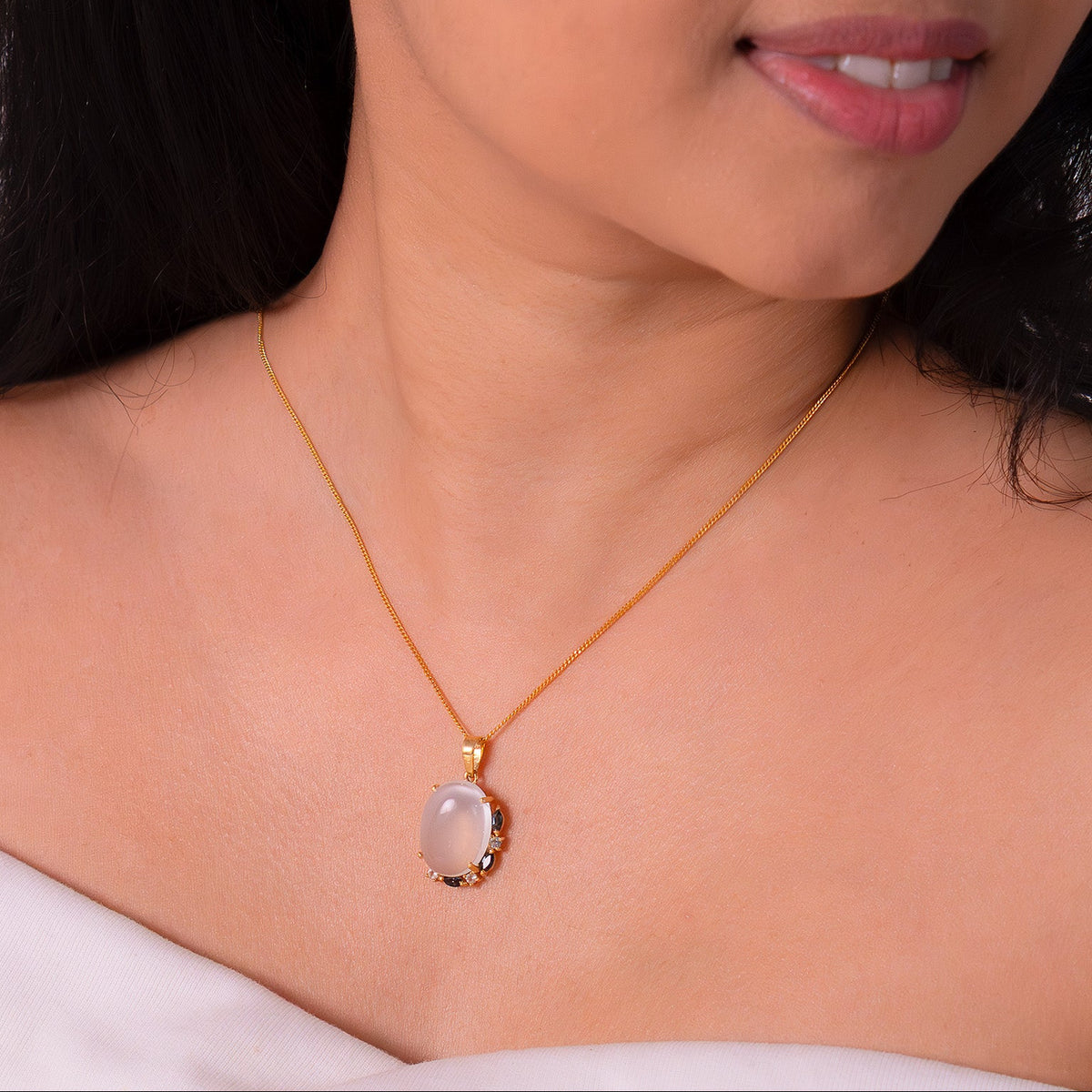 Handmade Sterling Silver Moonstone, White Sapphire & London Blue Topaz Fiorella Necklace - CLJ873