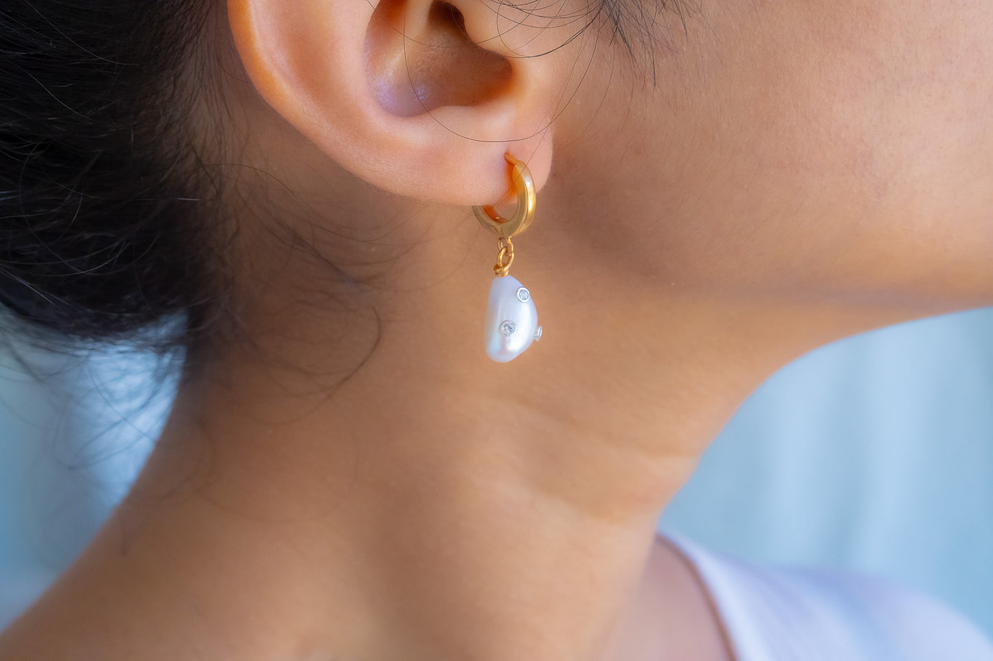 White Sapphire, Cultured Pearl Aurelia Earrings - CLJ565