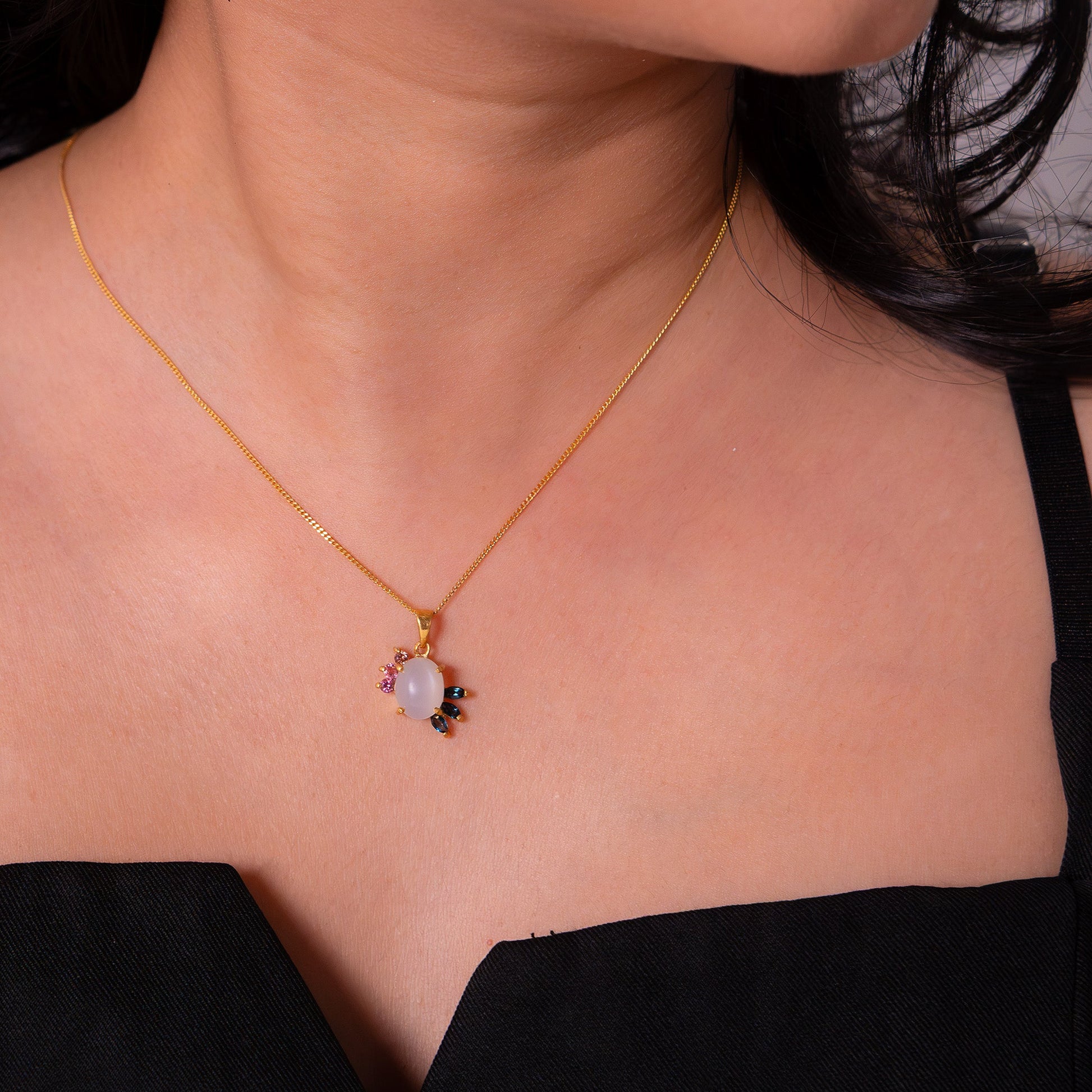 Moonstone, Pink Tourmaline, London Blue Topaz Isabella Necklace - CLJ934