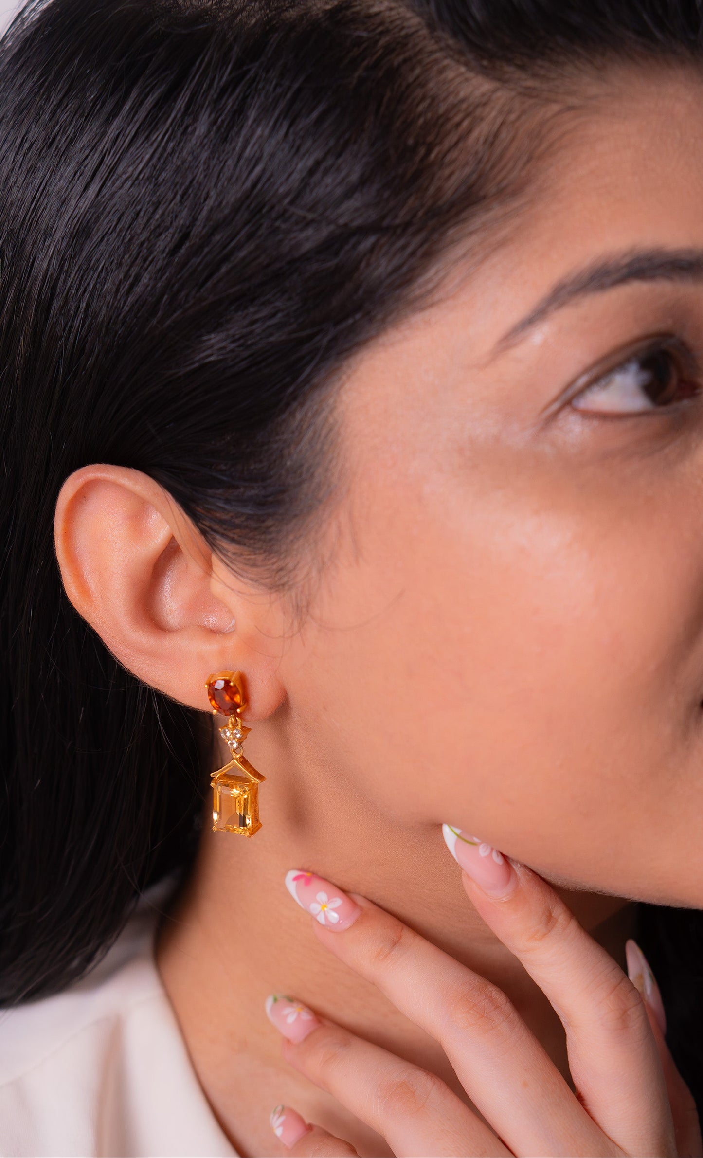 Hessonite Garnet(Gomeda), Citrine, White Sapphire Gessenia Earrings - CLJ941