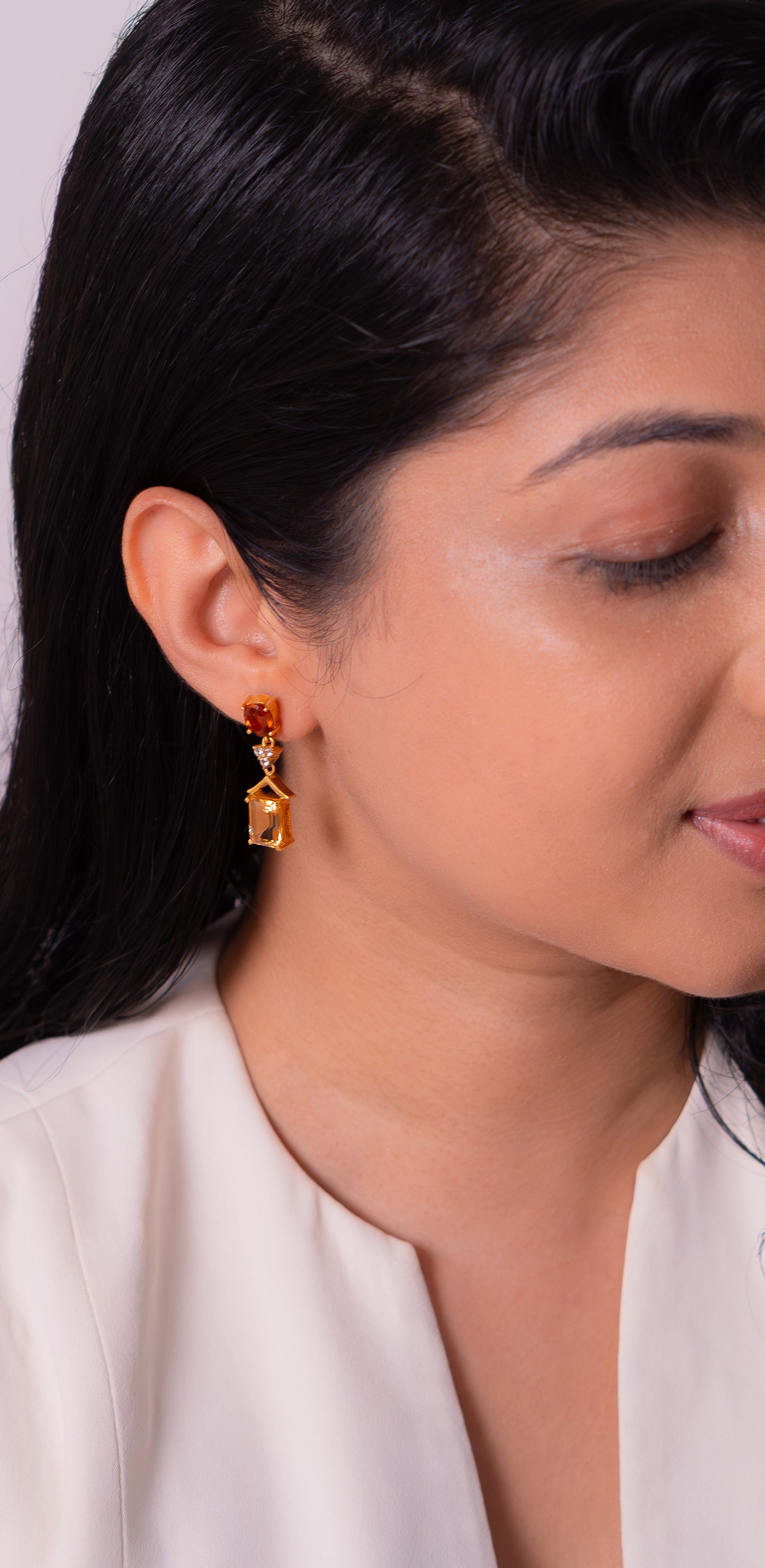 Hessonite Garnet(Gomeda), Citrine, White Sapphire Gessenia Earrings - CLJ941
