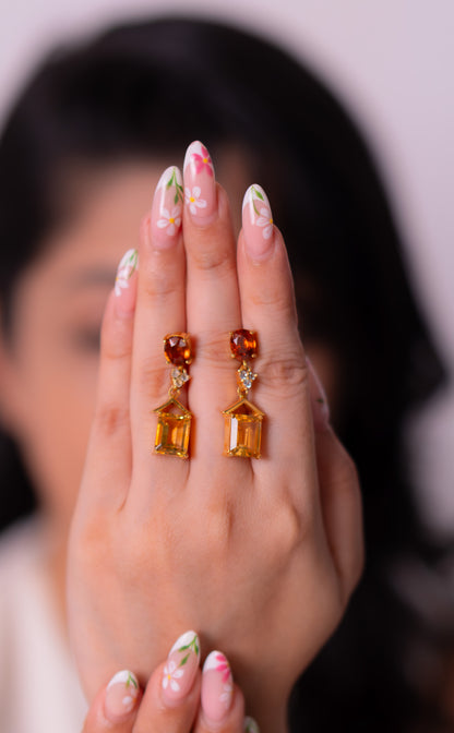 Hessonite Garnet(Gomeda), Citrine, White Sapphire Gessenia Earrings - CLJ941