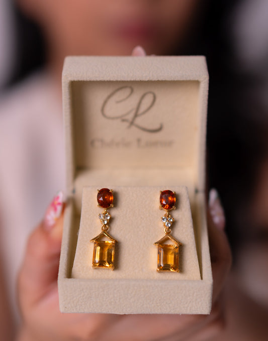 Hessonite Garnet(Gomeda), Citrine, White Sapphire Gessenia Earrings - CLJ941