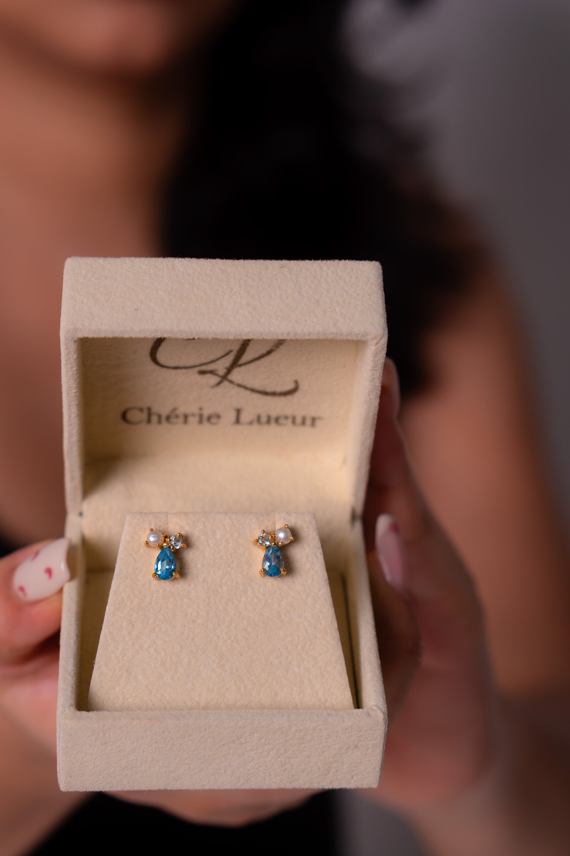 Blue Topaz, Cultured Pearl, White Topaz Iona Earrings - CLJ958