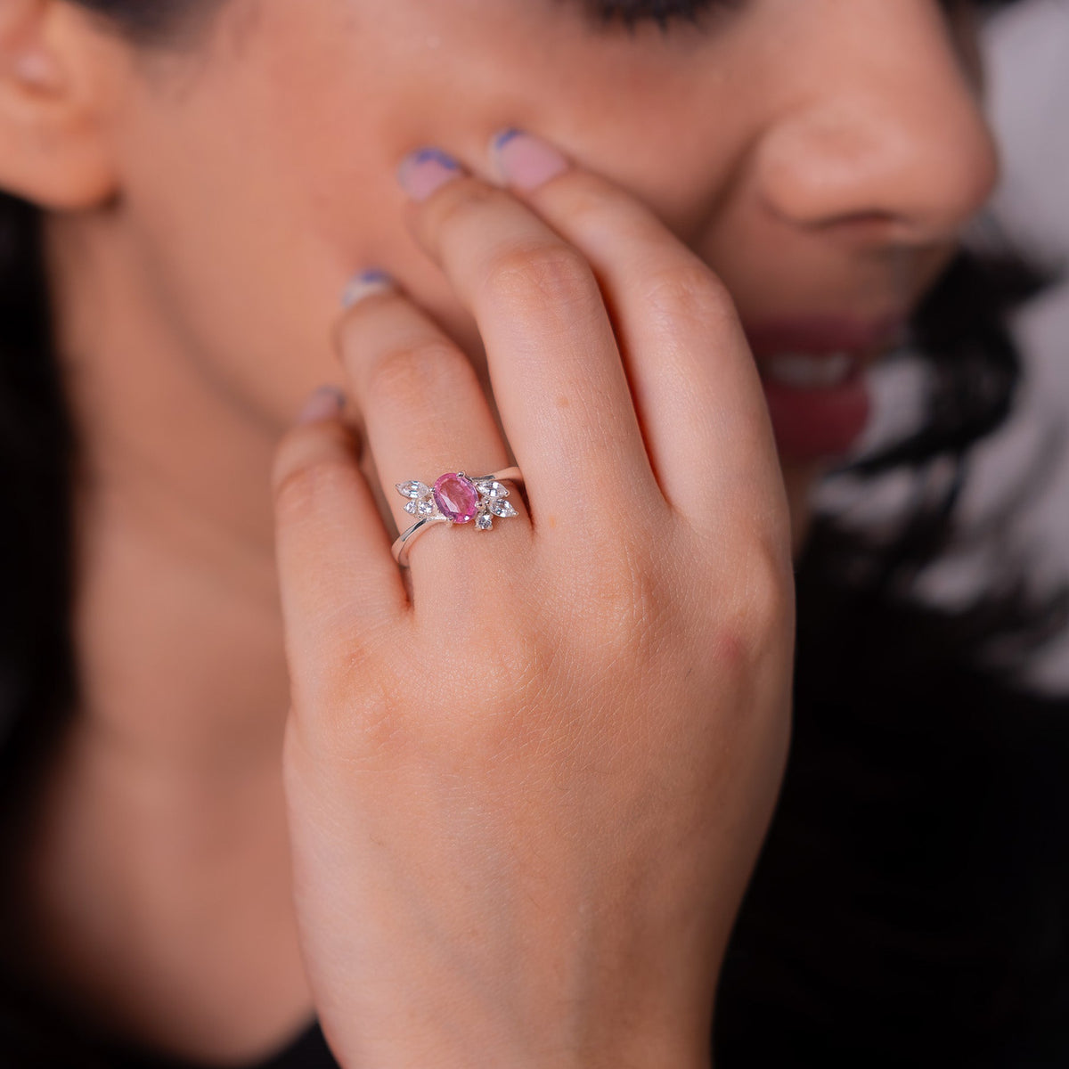 Pink Sapphire with Padparadscha Color Shift & White Sapphire Miora Ring - CLJ967