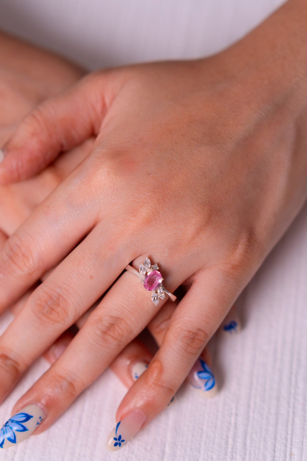 Pink Sapphire with Padparadscha Color Shift & White Sapphire Miora Ring - CLJ967