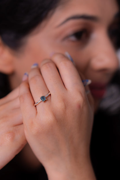 Unheated Bluish Green Sapphire, White Sapphire Fiorina Ring - CLJ980