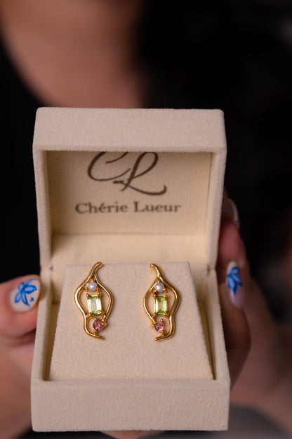 Peridot, Pink Tourmaline, Cultured Pearl Theora Earrings - CLJ969