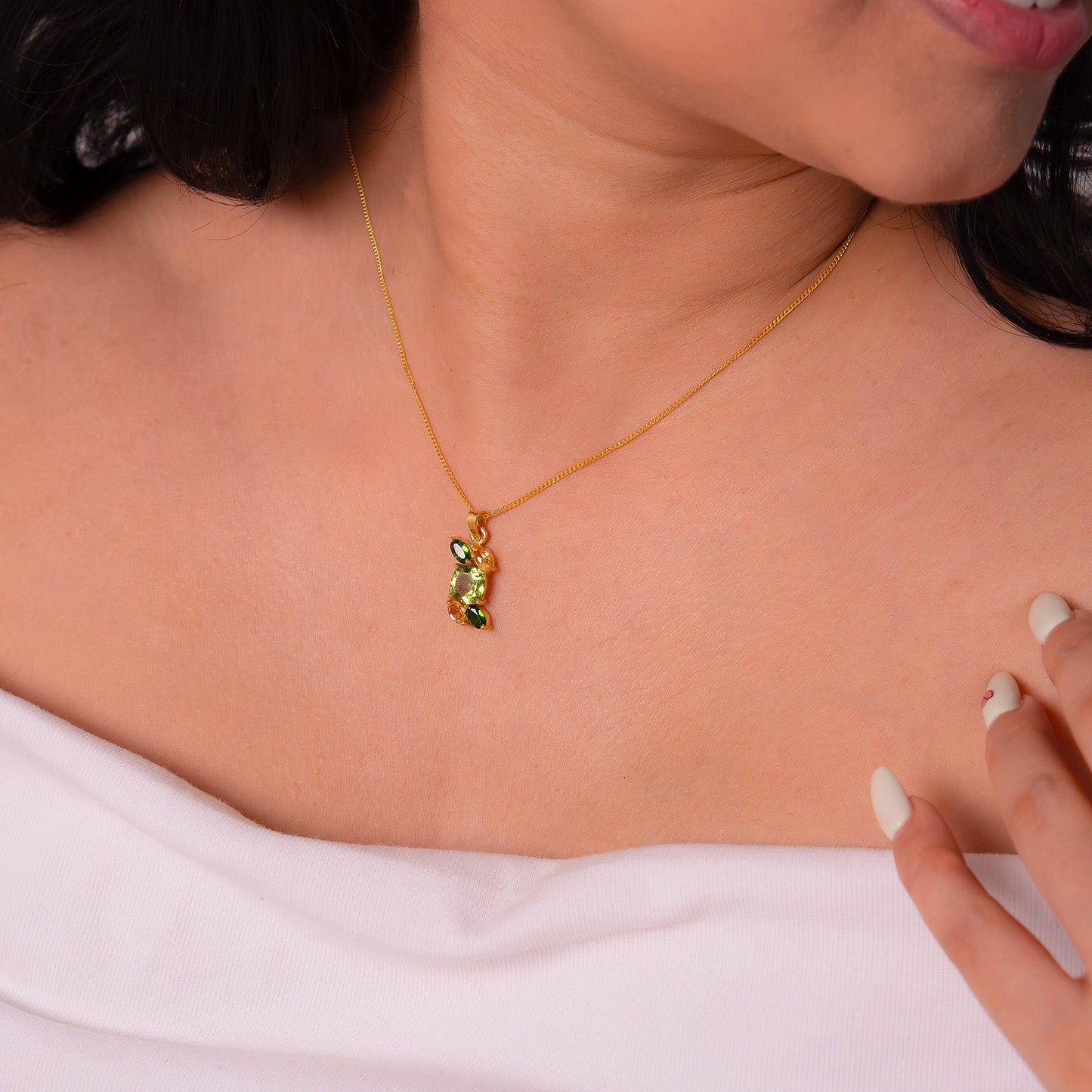 Handcrafted Sterling Silver Peridot, Chromium Diopside & Citrine Lyra Necklace - CLJ843