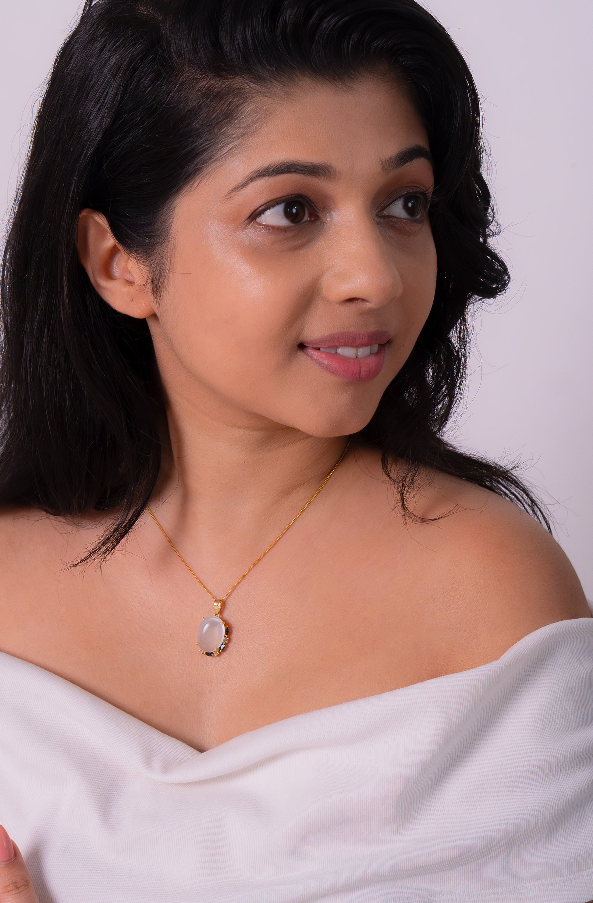 Handmade Sterling Silver Moonstone, White Sapphire & London Blue Topaz Fiorella Necklace - CLJ873