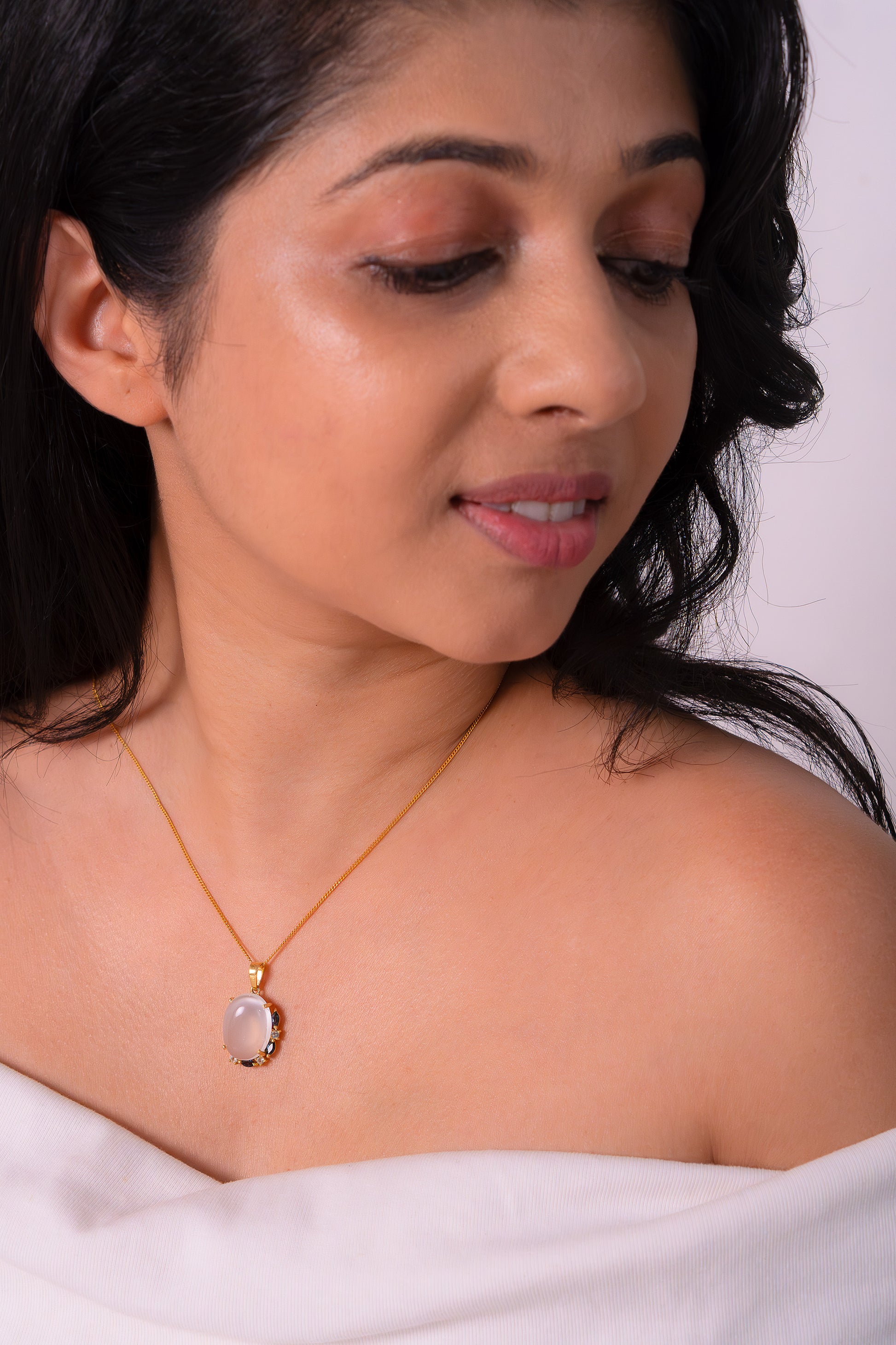 Handmade Sterling Silver Moonstone, White Sapphire & London Blue Topaz Fiorella Necklace - CLJ873