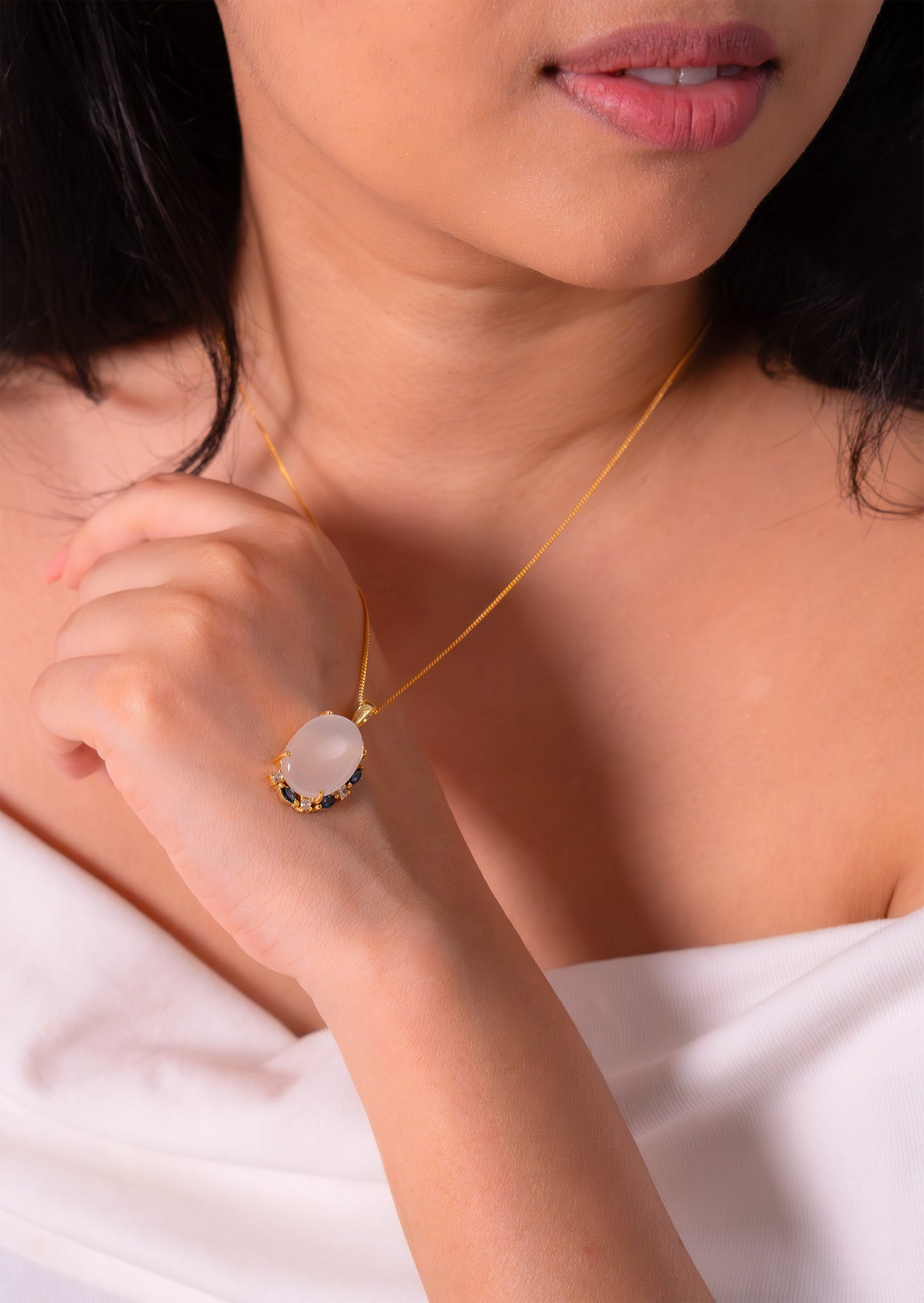 Handmade Sterling Silver Moonstone, White Sapphire & London Blue Topaz Fiorella Necklace - CLJ873