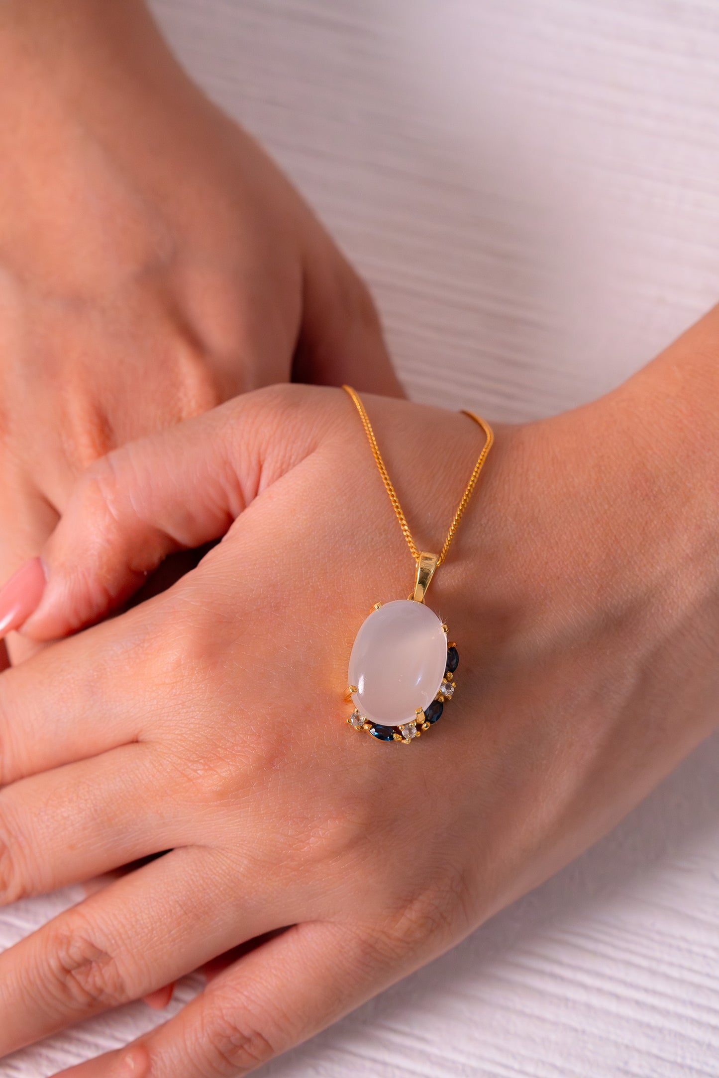 Handmade Sterling Silver Moonstone, White Sapphire & London Blue Topaz Fiorella Necklace - CLJ873