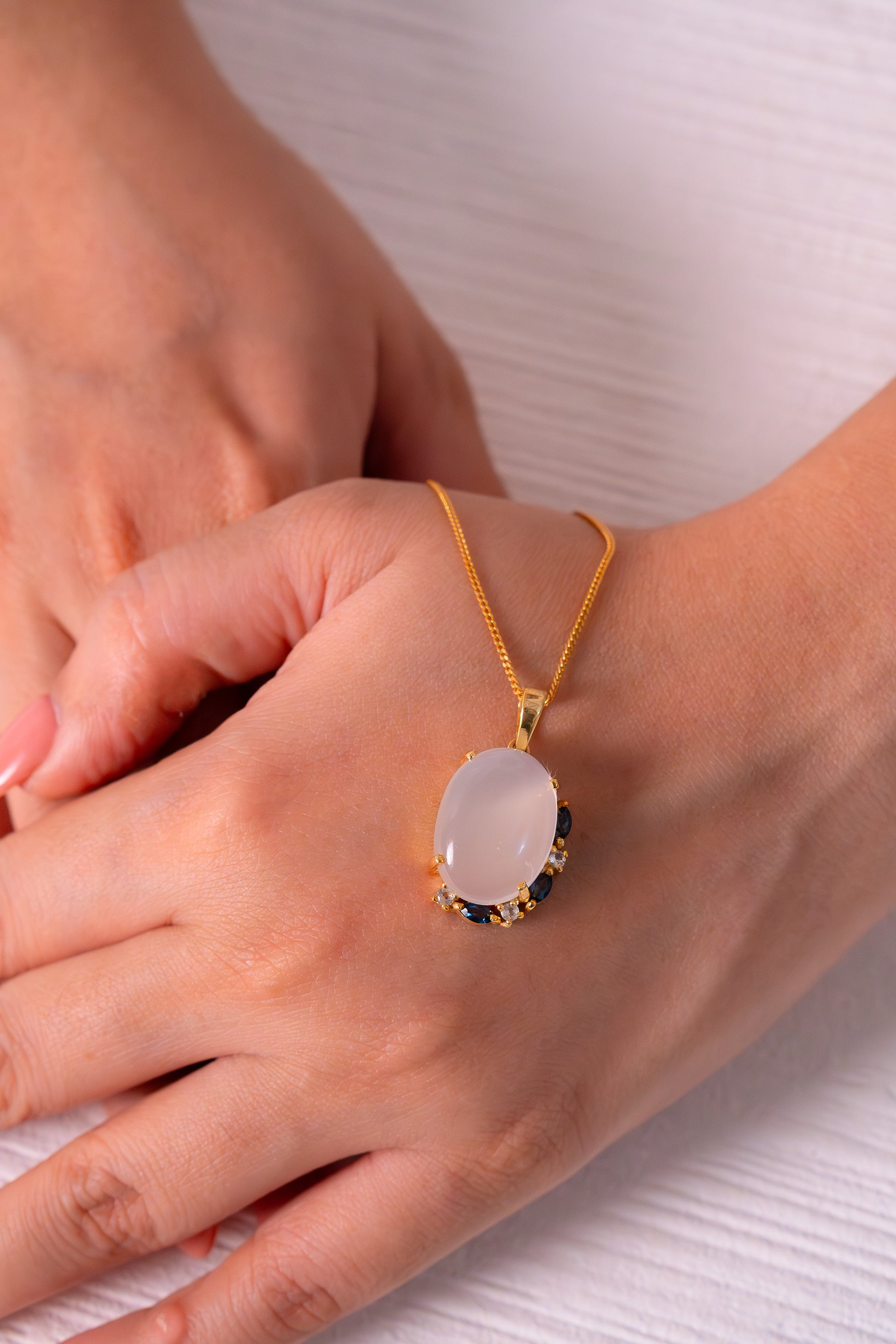 Handmade Sterling Silver Moonstone, White Sapphire & London Blue Topaz Fiorella Necklace - CLJ873