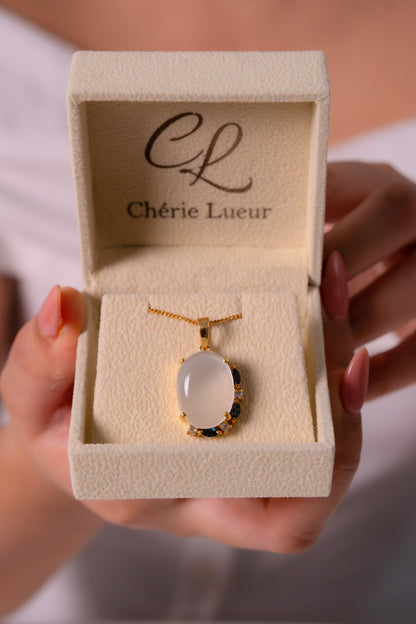 Handmade Sterling Silver Moonstone, White Sapphire & London Blue Topaz Fiorella Necklace - CLJ873